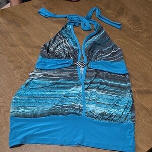 Entry Blue Halter Top with Beaded Detail Vintage Womens Size Large Style# T92415
